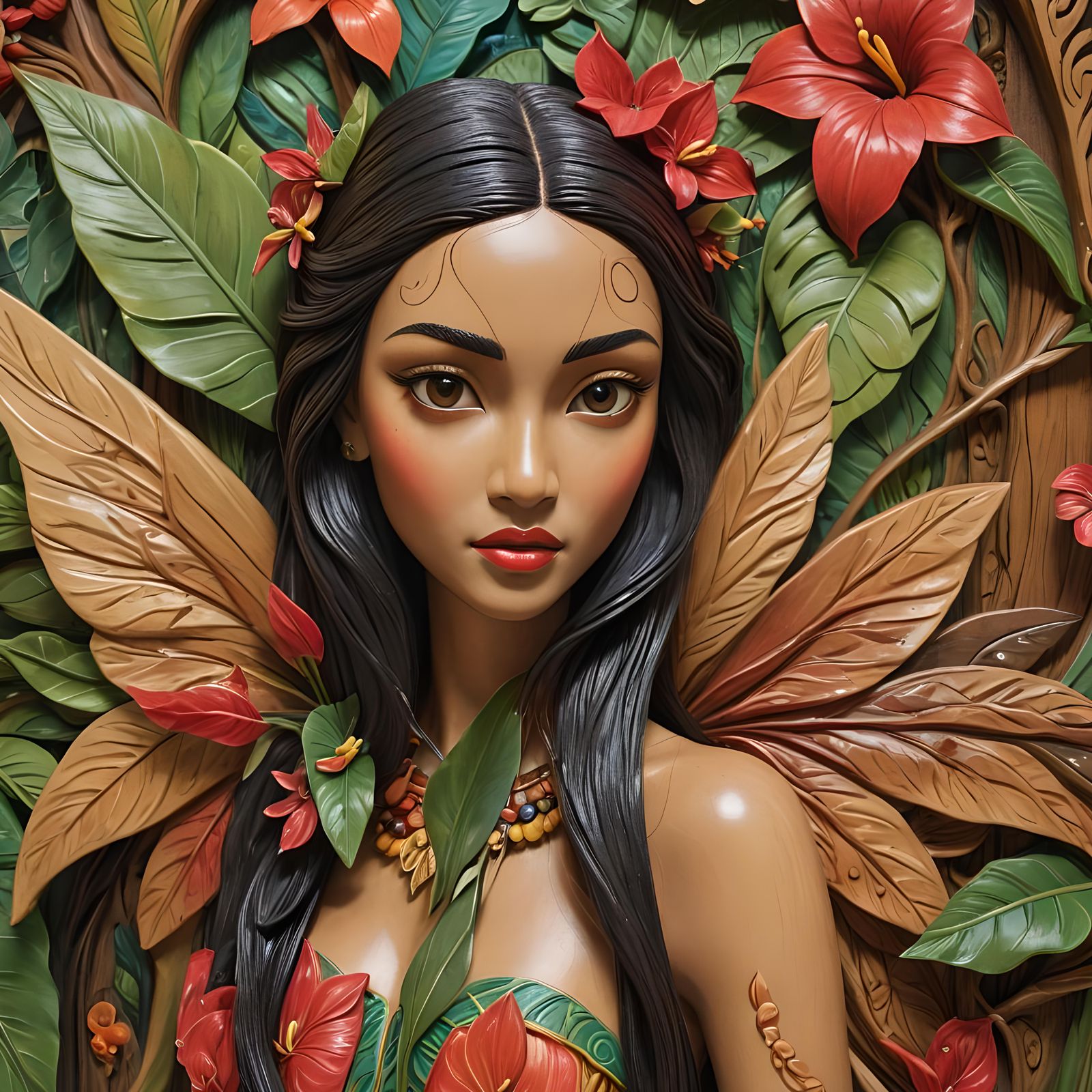 Wood Carving of Hawaiian Anthurium Fairy