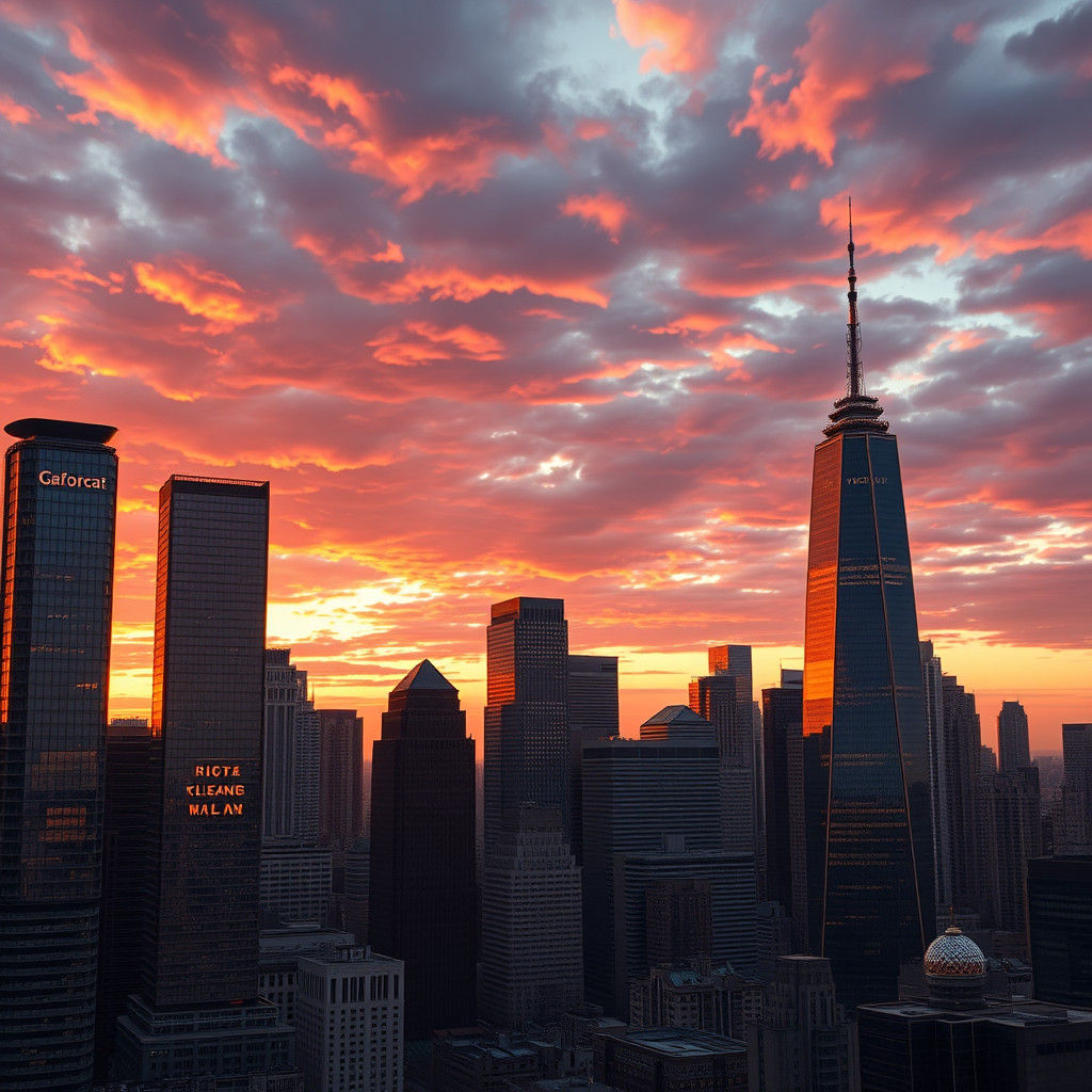 Metropolis Sunset: Sleek Skyscrapers in Hyperrealistic Style