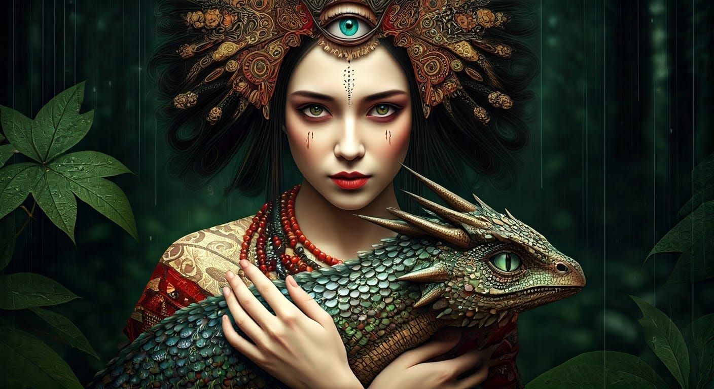 Japanese Woman with Dragon in Hyperrealistic Art Deco Style