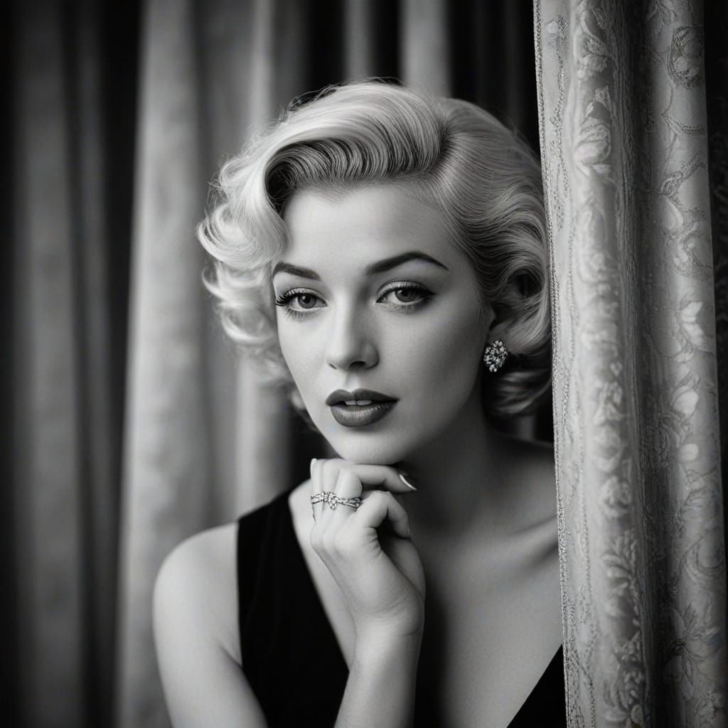 Vintage Hollywood Glamour Portrait in Elegant Black and Whit...