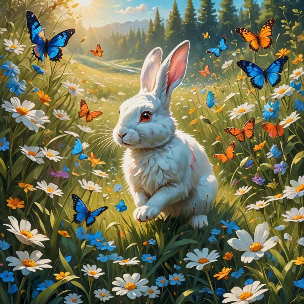 Rabbit and Butterfly in Spring Meadow: Oil Painting