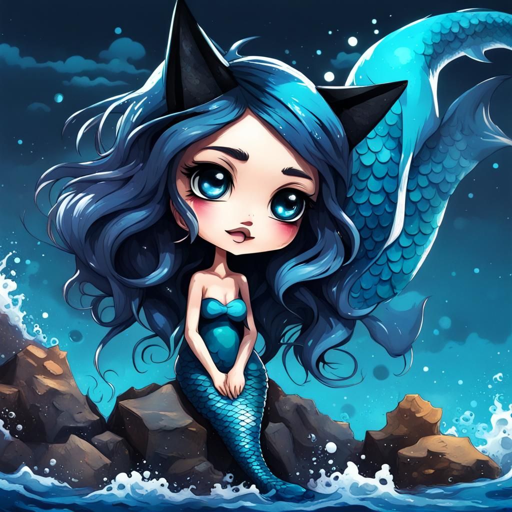 Chibi Siren with Wolf Ears in Graffiti Art Style