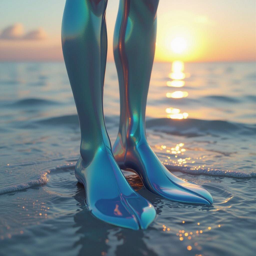 Humanoid with Pearlescent Flippers in Sunset Water