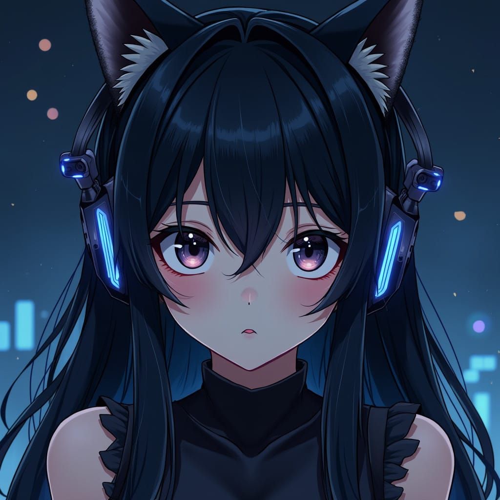Mystical Anime Neko with Radiant Hair and Cybernetic Headpho...