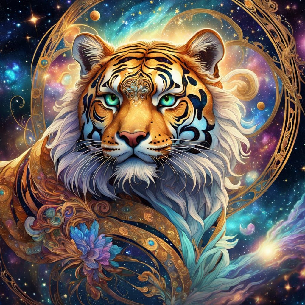 Surreal Celestial Tiger in Vibrant Art Nouveau Style