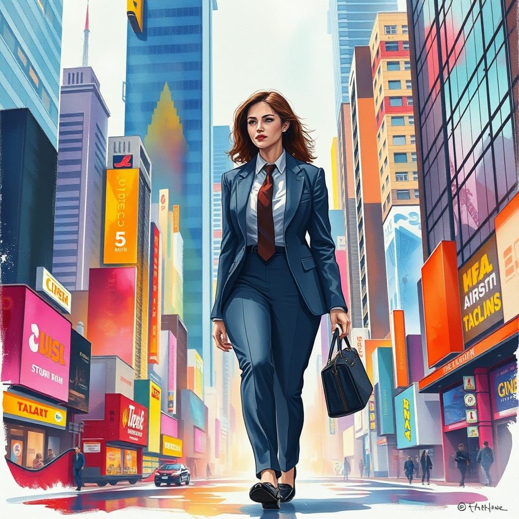 Woman Walking Through Cityscape in Watercolor Style