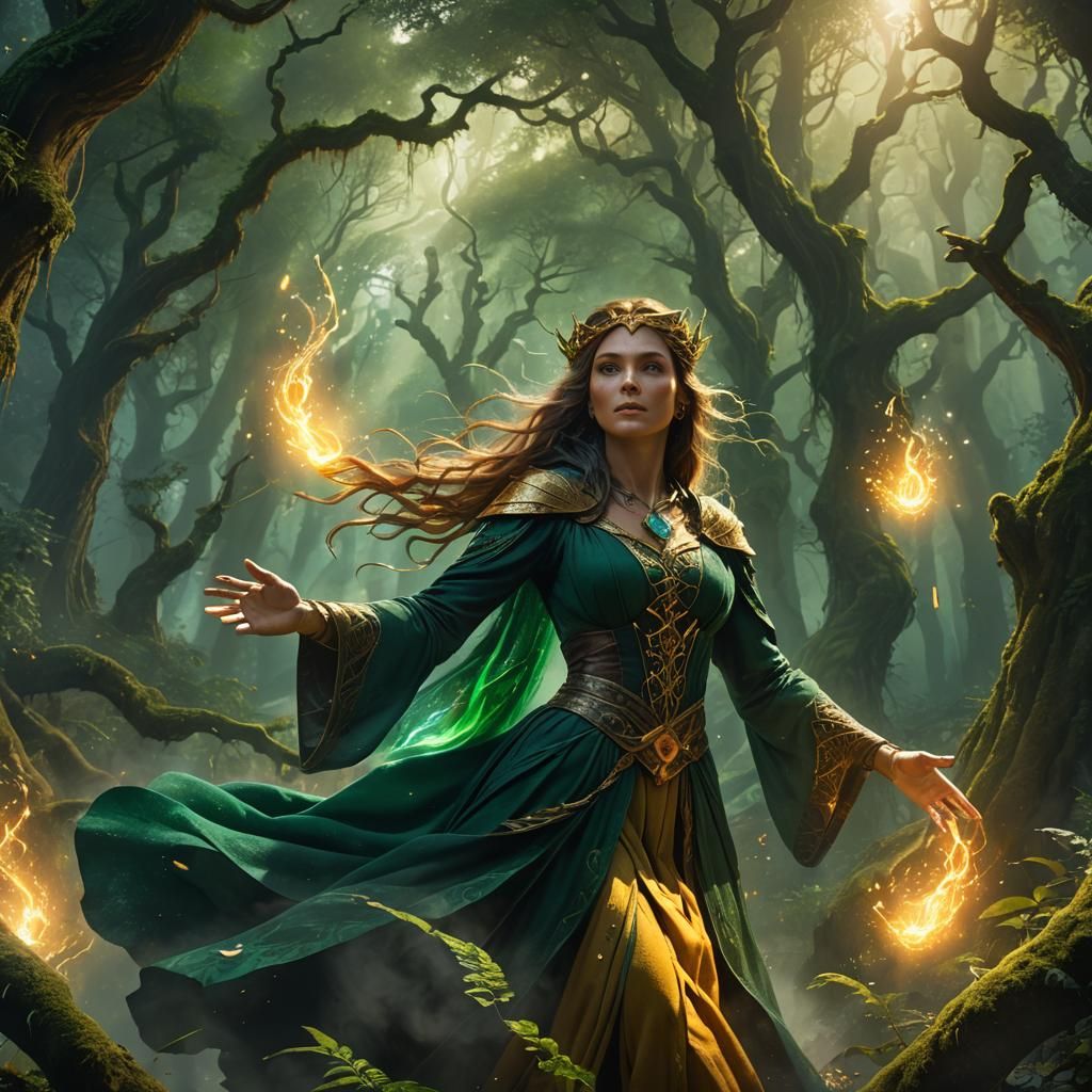 Sorceress Casting Magic in Mystical Forest