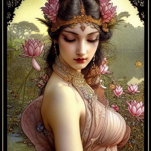 Woman by Lotus Pond in Rococo Style