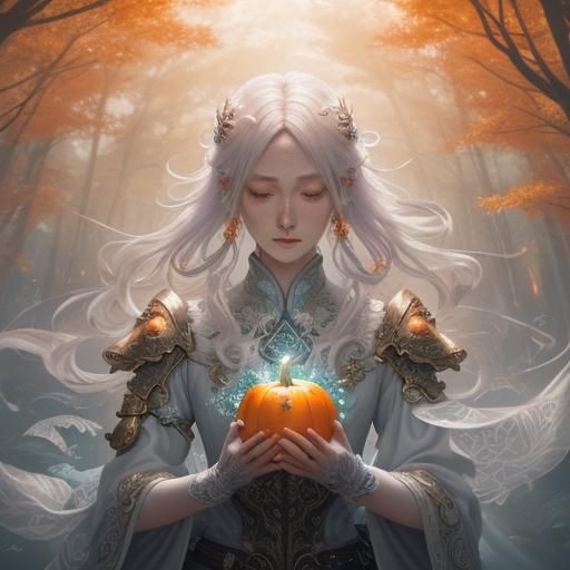 Ethereal Woman in Pumpkin Forest, 3D Anime Art