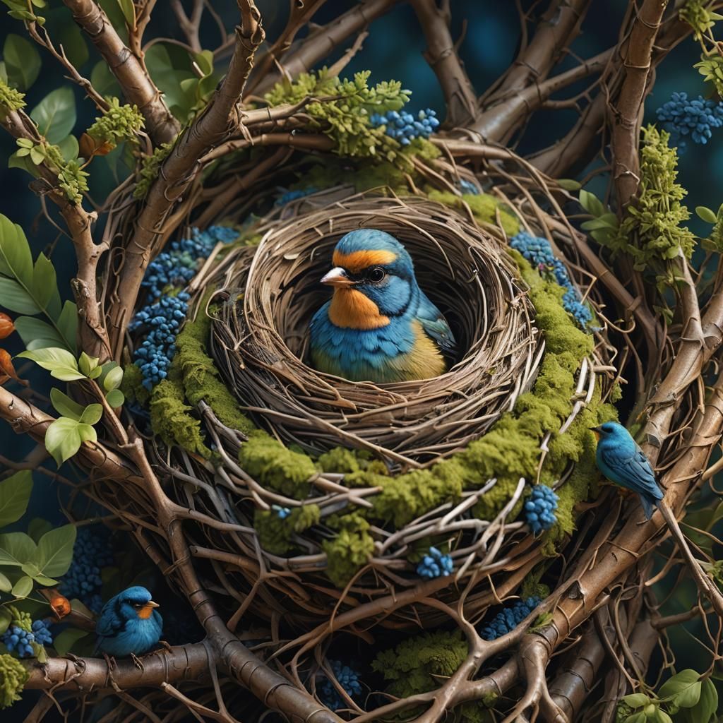 Bird Crafts Intricate Nest: Hyper-Realistic Digital Painting