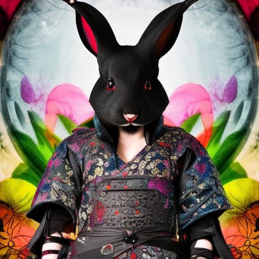 Surreal Goth Punk Samurai Rabbit in Colourful Garden