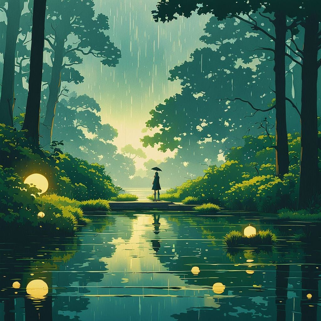 Surreal Anime Visual Captures Rainy Day Serenity in Studio G...