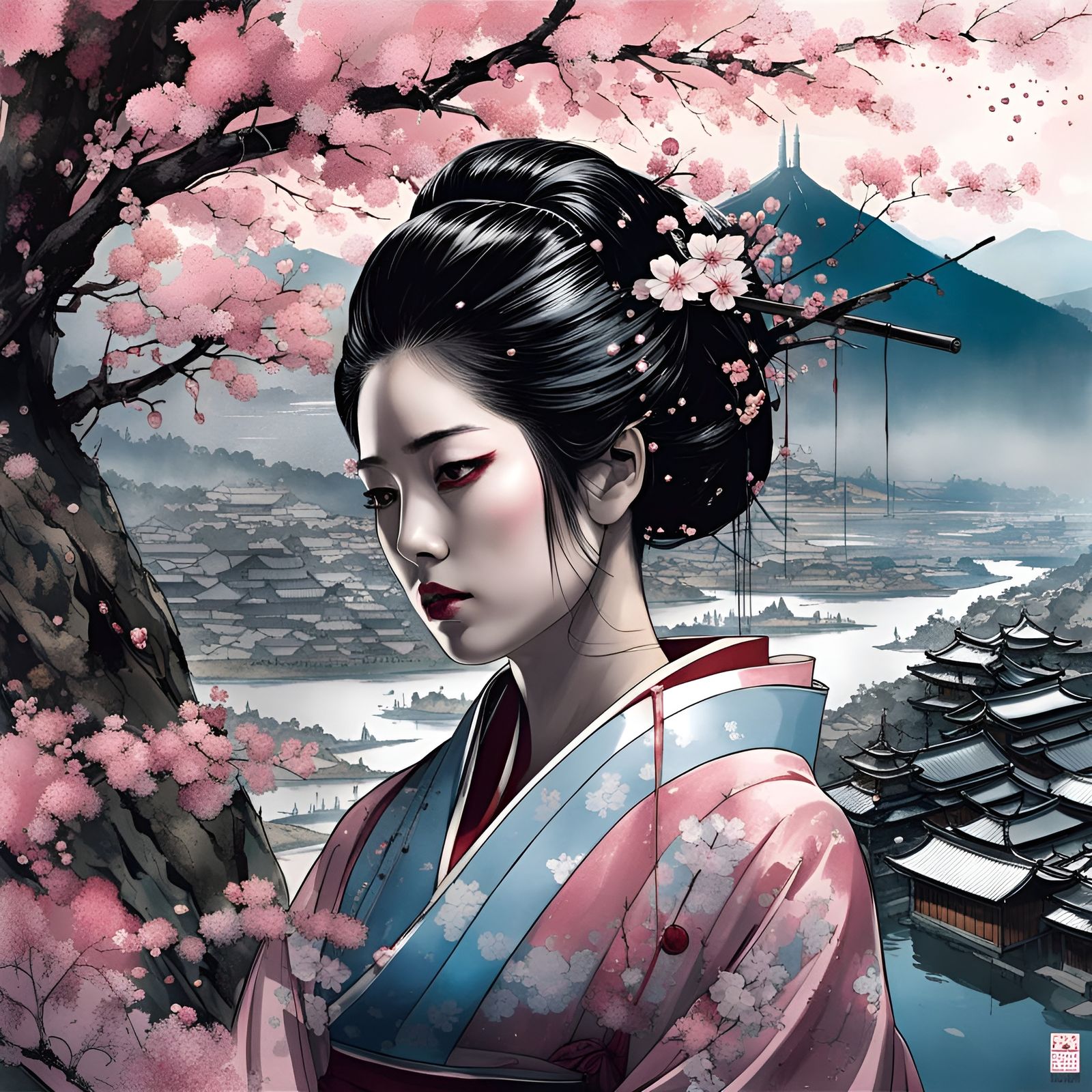 Geisha Portrait with Cherry Blossoms in Manhwa Style
