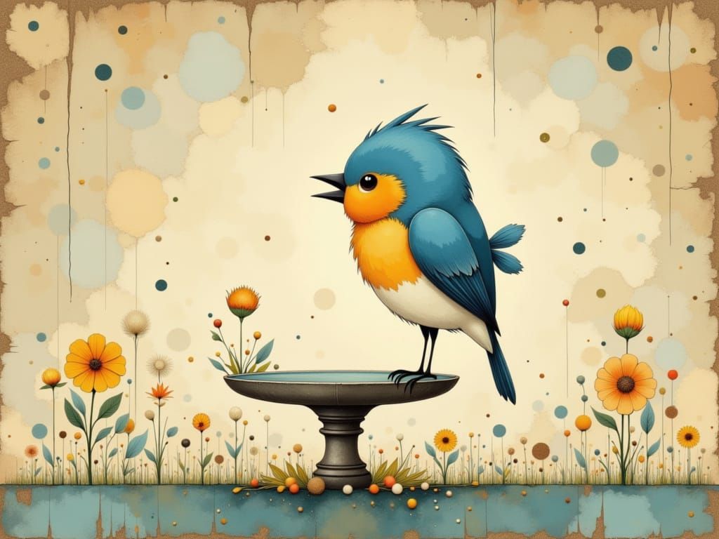 Kawaii Bluebird on Birdbath, Whimsical Chibi Art