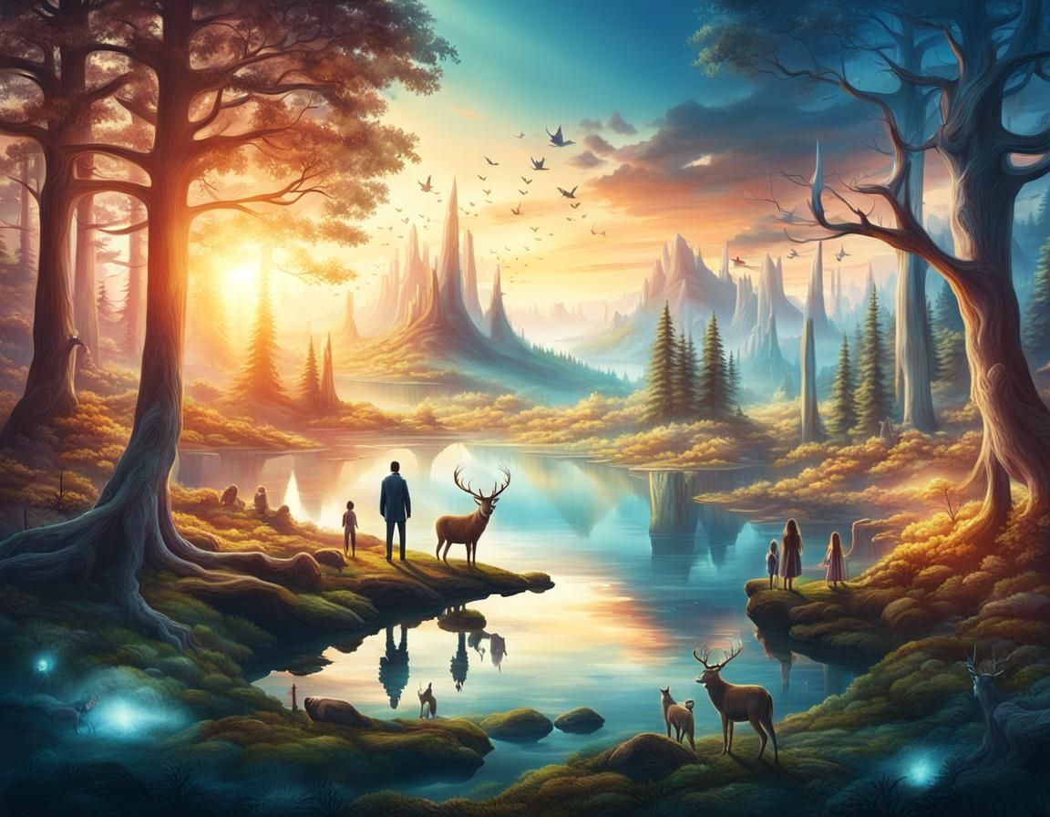 Antlered Humans in a Mystical Sunset Forest