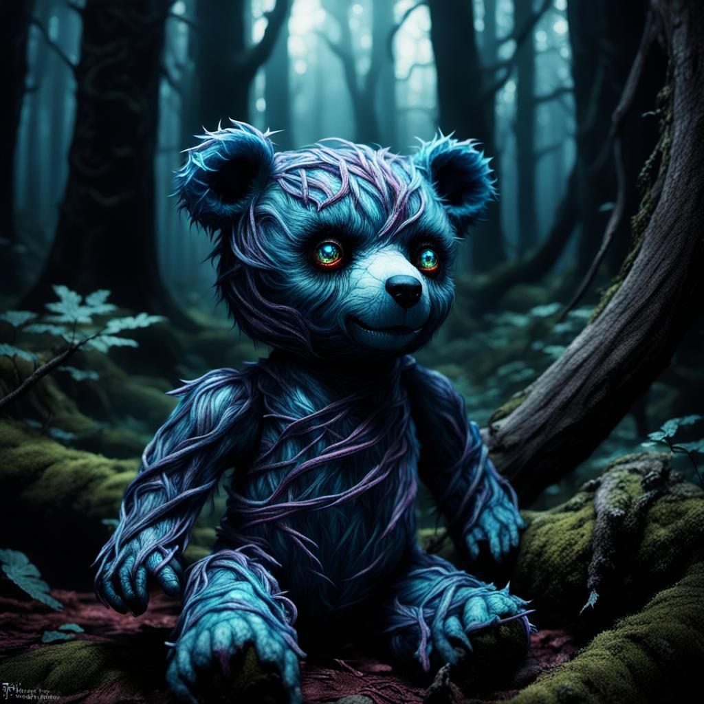 Eerie Teddy Bear in Dark Fantasy Forest