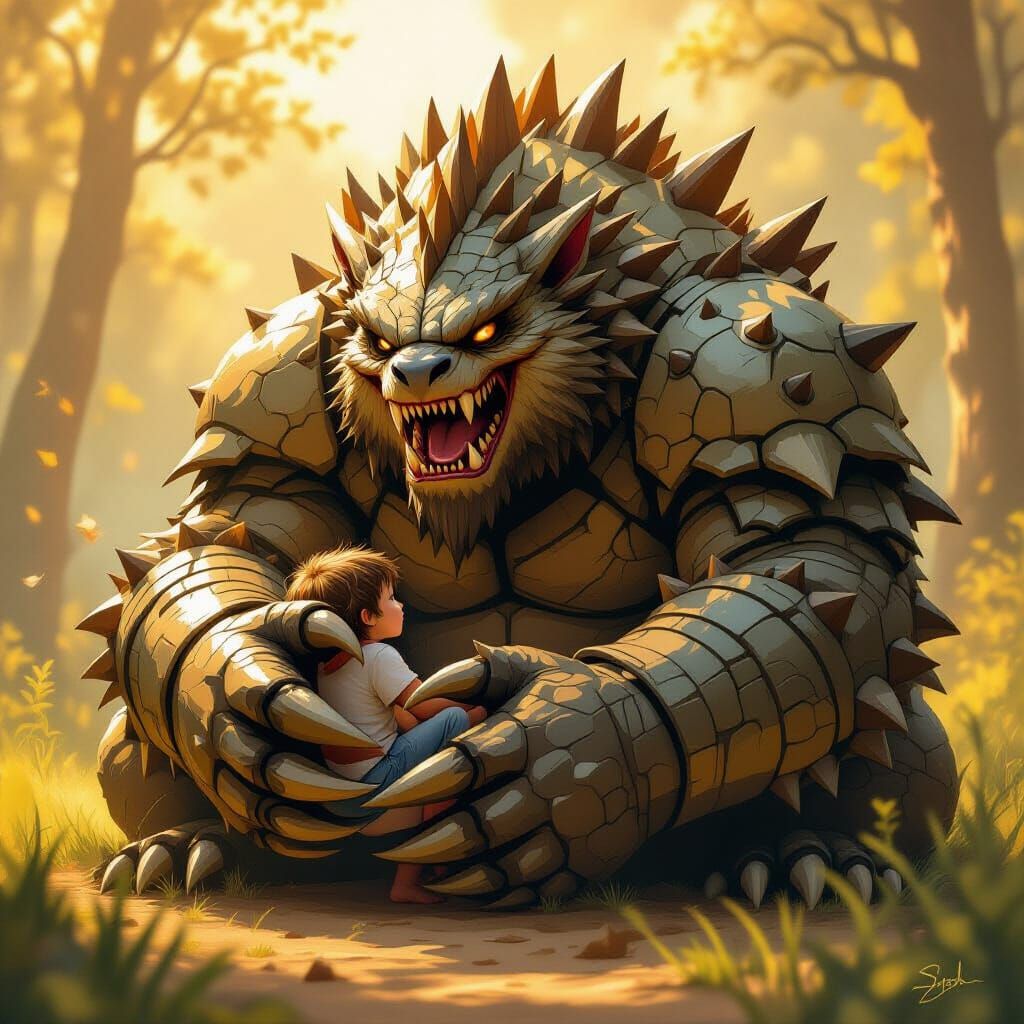 Gentle Giant Cradles Child in Warm Light