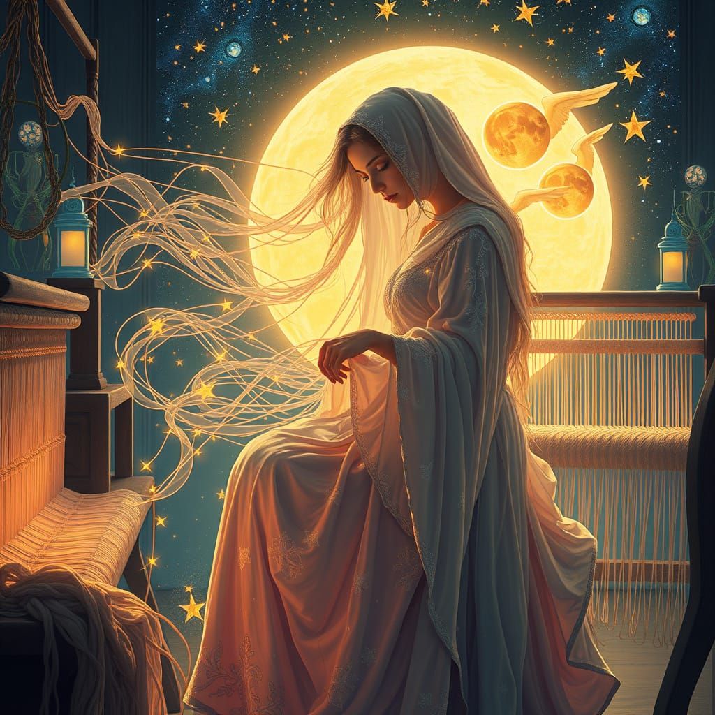 Celestial Seamstress Weaving Starlight Gowns in Art Nouveau ...