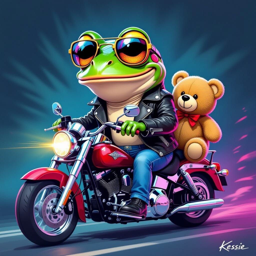 Frog and Teddy Ride Motorcycle in Pop Art Style
