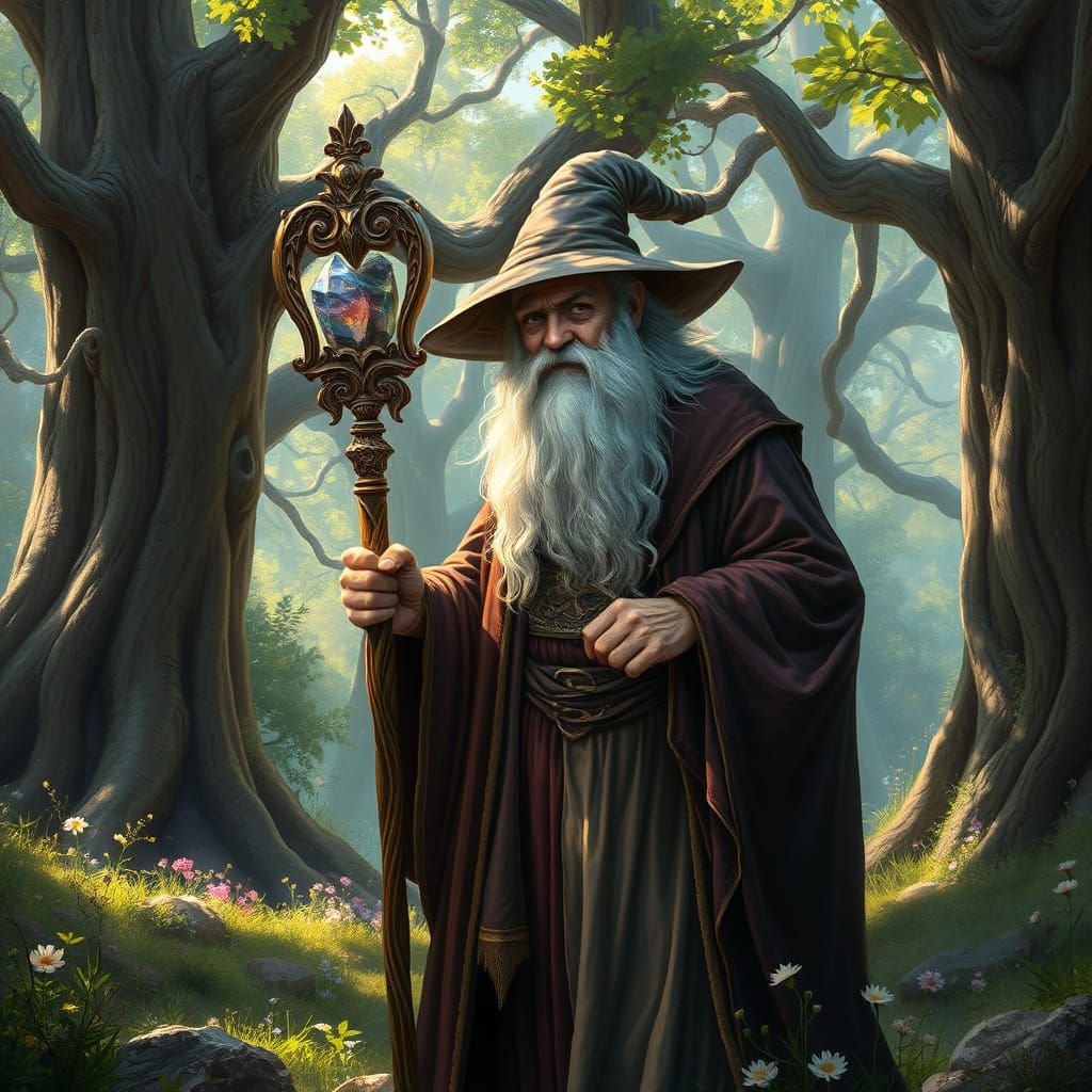 Mystical Wizard in Forest Clearing: Digital Painting