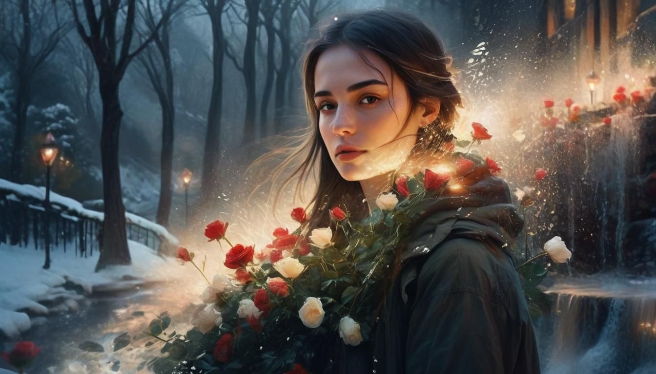 Impressionist Landscape Painting with Waterfall and Roses