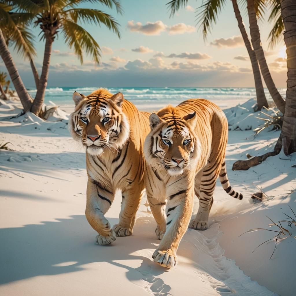 Golden Tiger on a Tropical Beach in Surreal Art