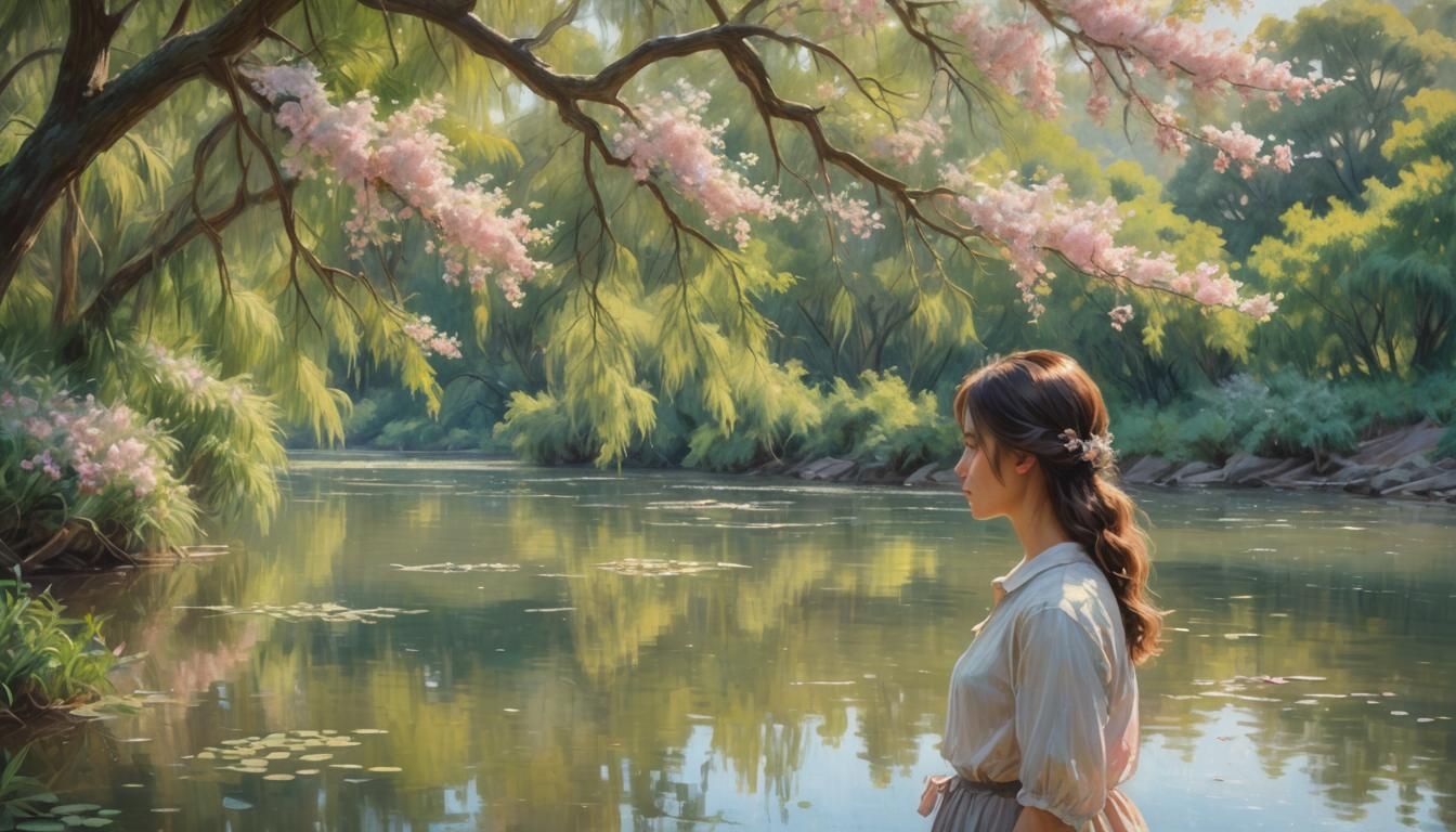 Impressionist Girl by River with Silktree Flowers