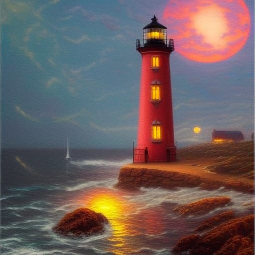 Glowing Lighthouse Under Bloodmoon in Ethereal Fantasy Style