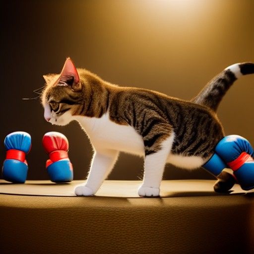 Cat with boxing gloves dancing on a podium. Professional pho...