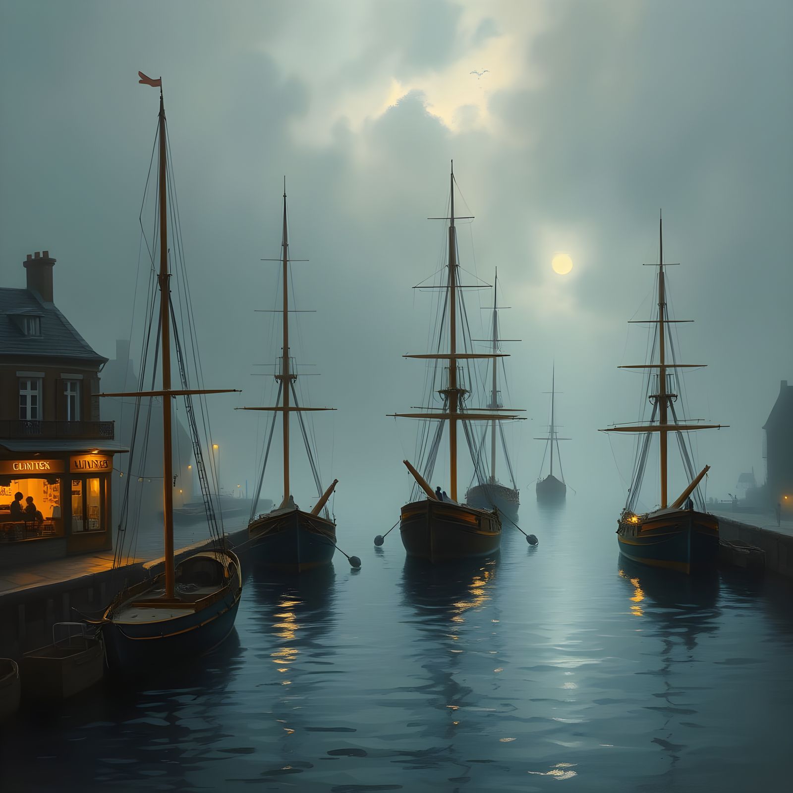 Moonlit Sailing Ships in a Turner-Inspired Harbour Scene