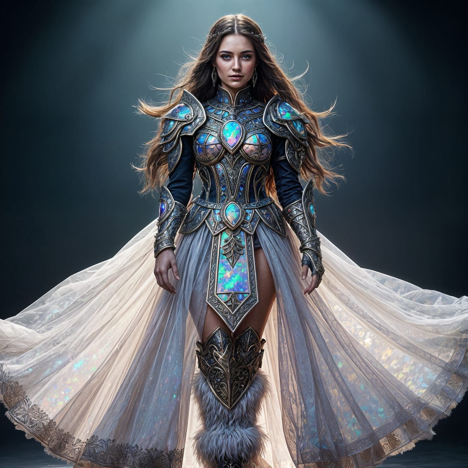 Woman in Intricate Opal Armor Dress