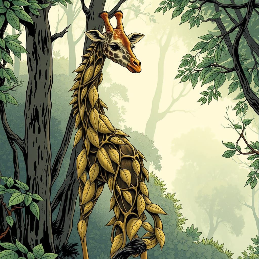 Leaf Giraffe in Comic Book Art Style