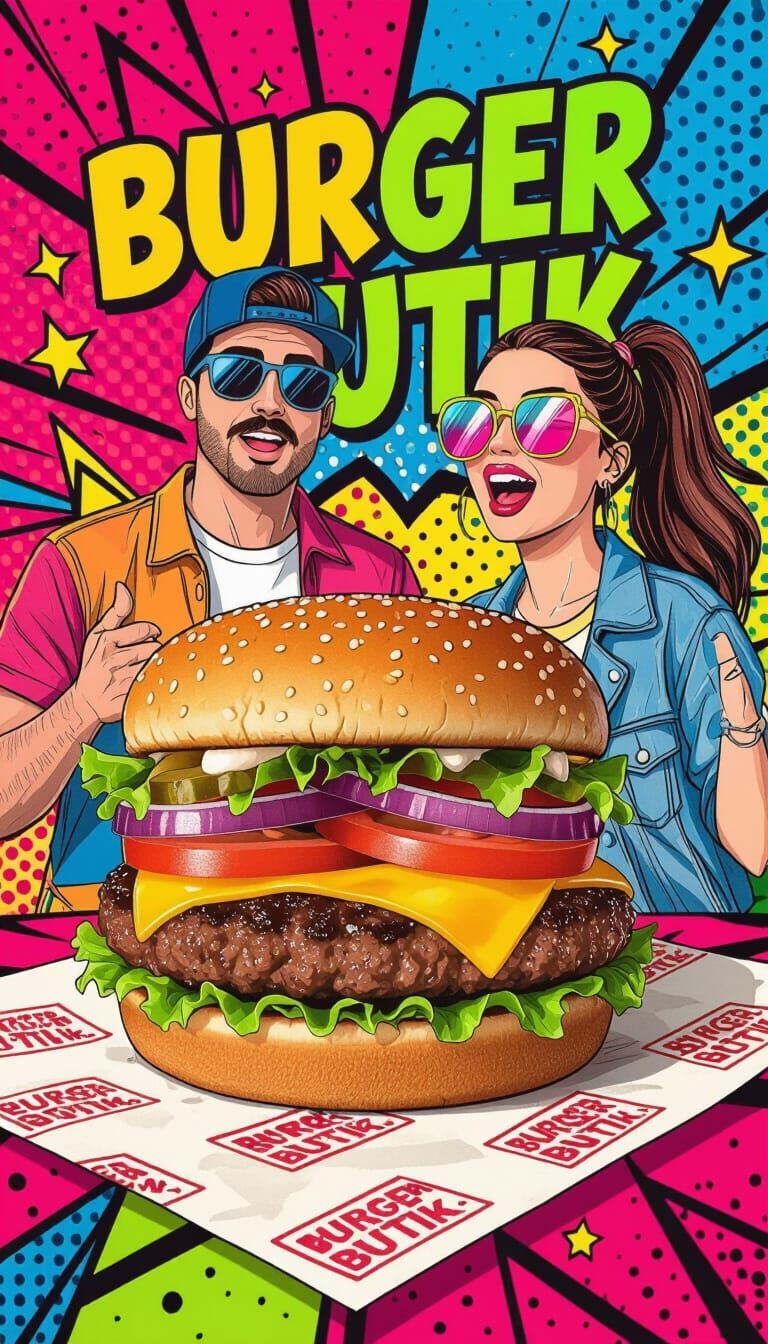 Massive Kosher Burger with Comic-Style Background