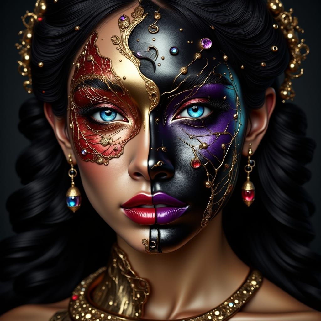 Woman with Divided Face in Metallic and Crystal Style