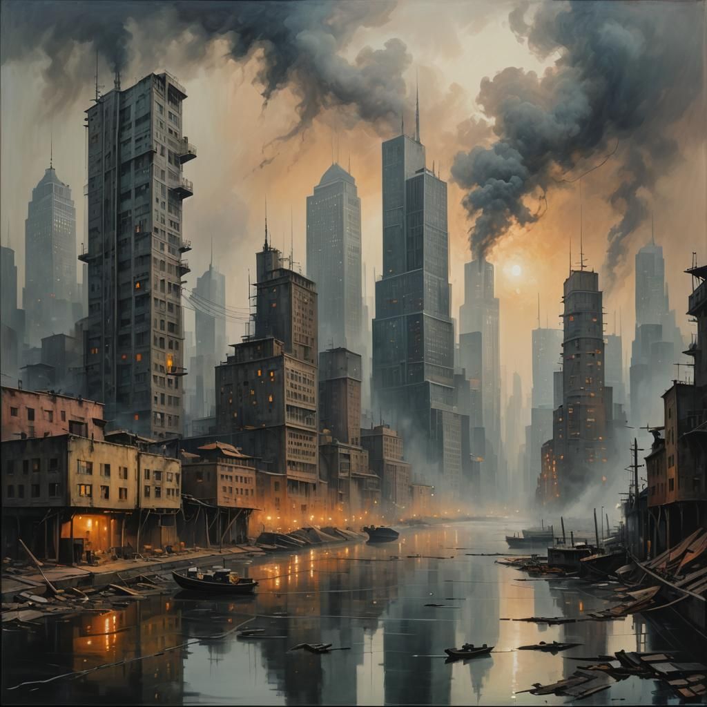 Surreal Metropolis on Polluted River: Oil Painting