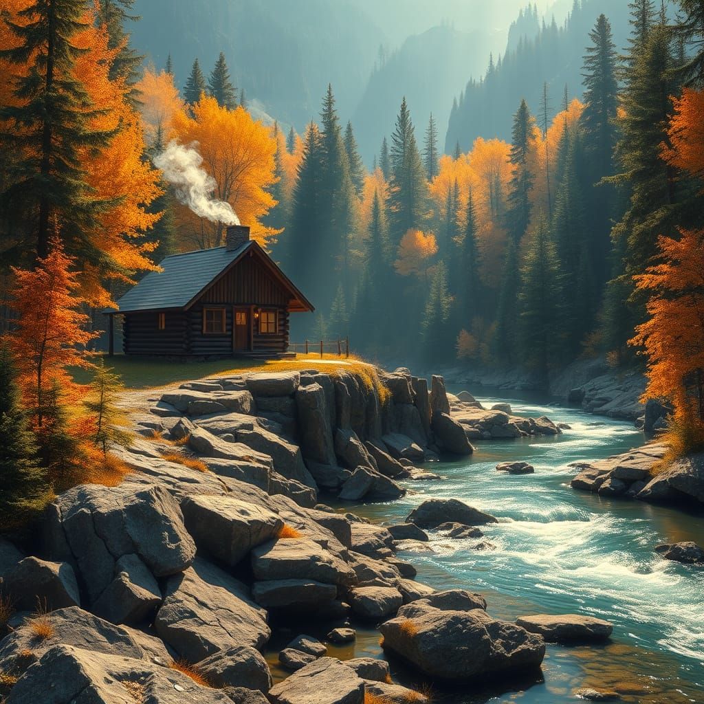 Cozy Autumn Cabin Amidst Vibrant Fall Colors in a Secluded R...