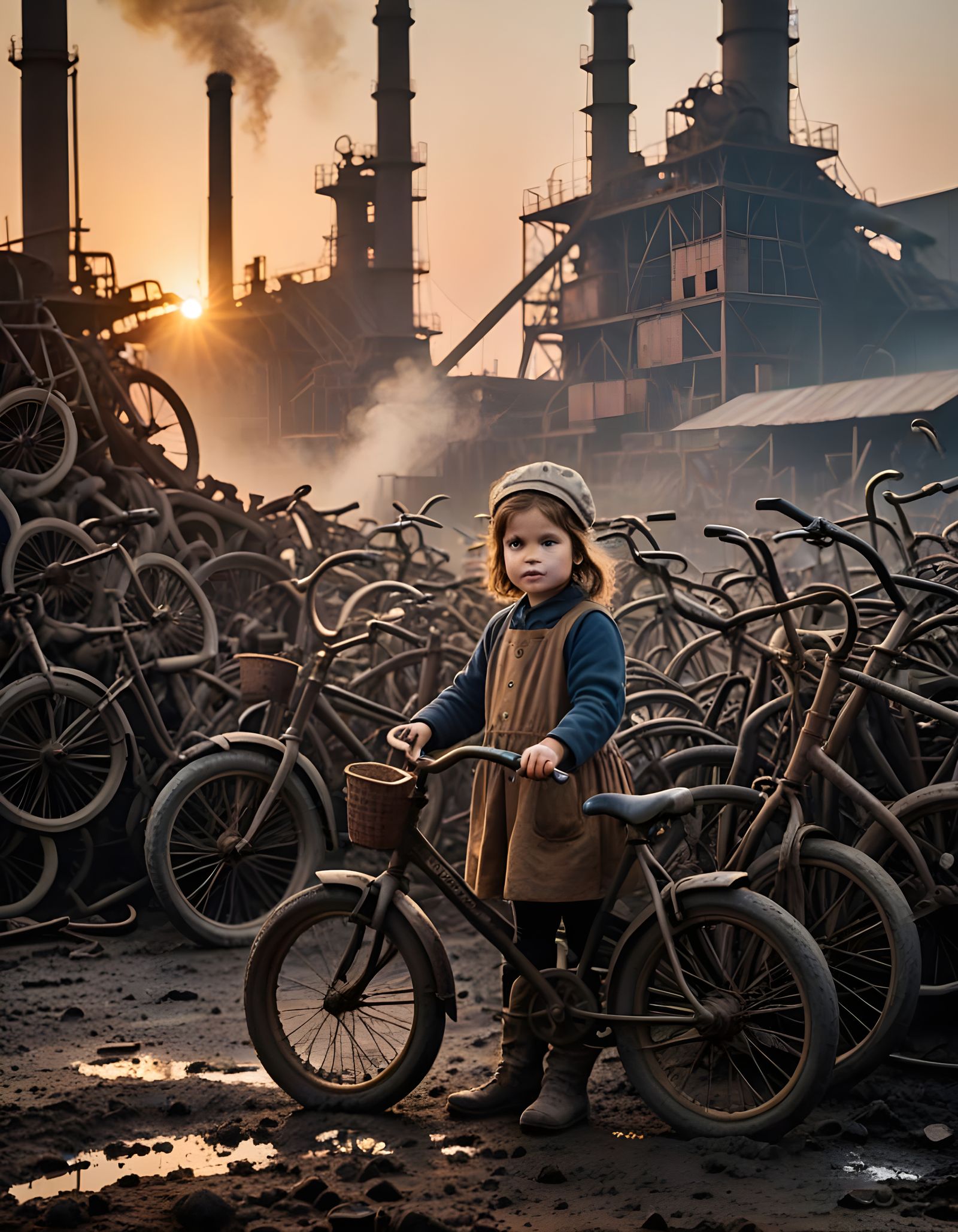 Rustic Industrial Girl Among Vintage Bicycles