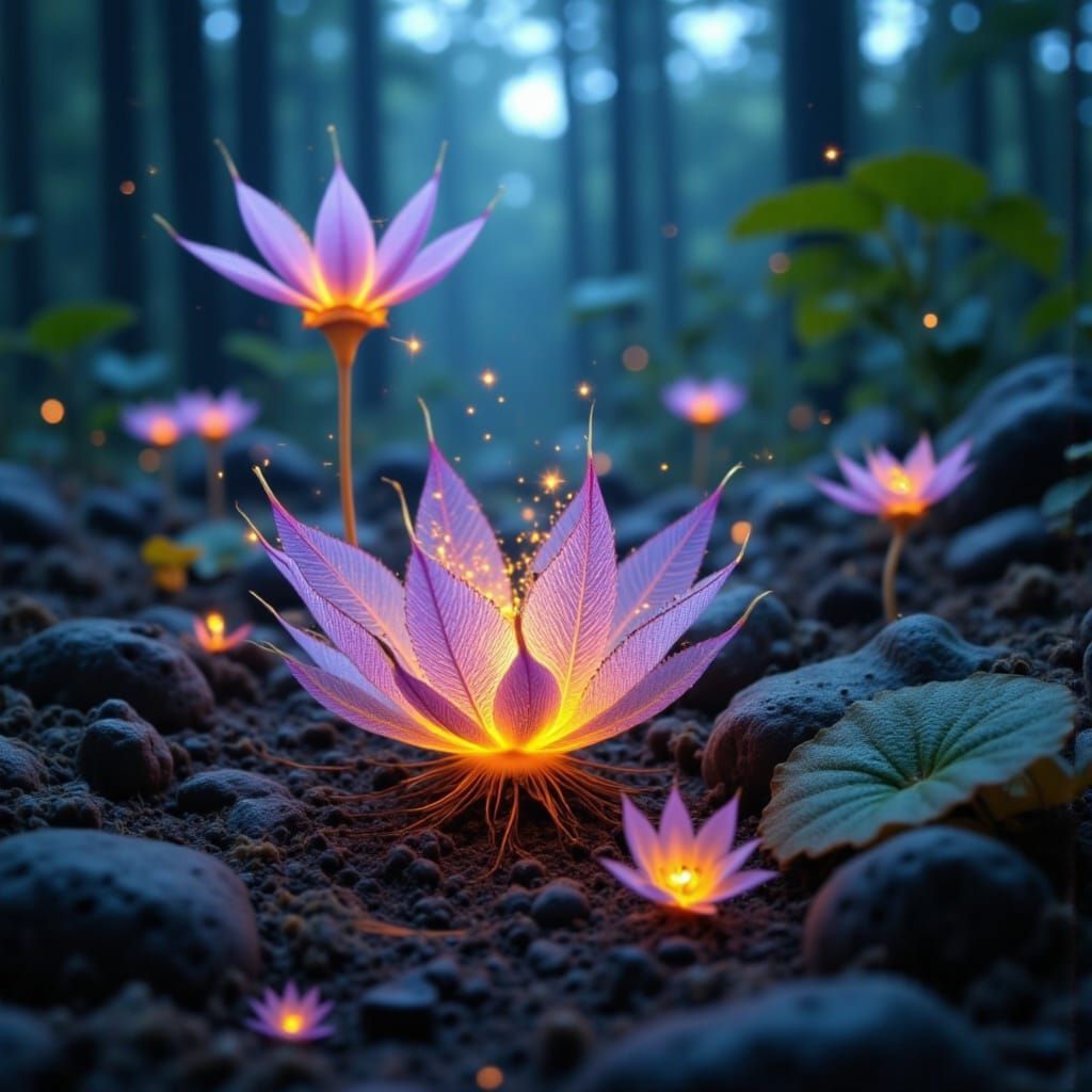 Bioluminescent Plants Sprouting in Misty Forest
