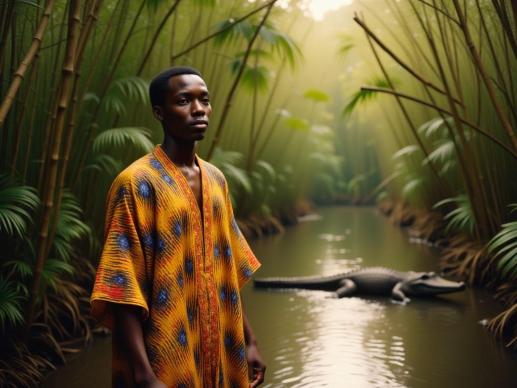 Ghanaian Man in Vibrant Kente Cloth by Jungle River