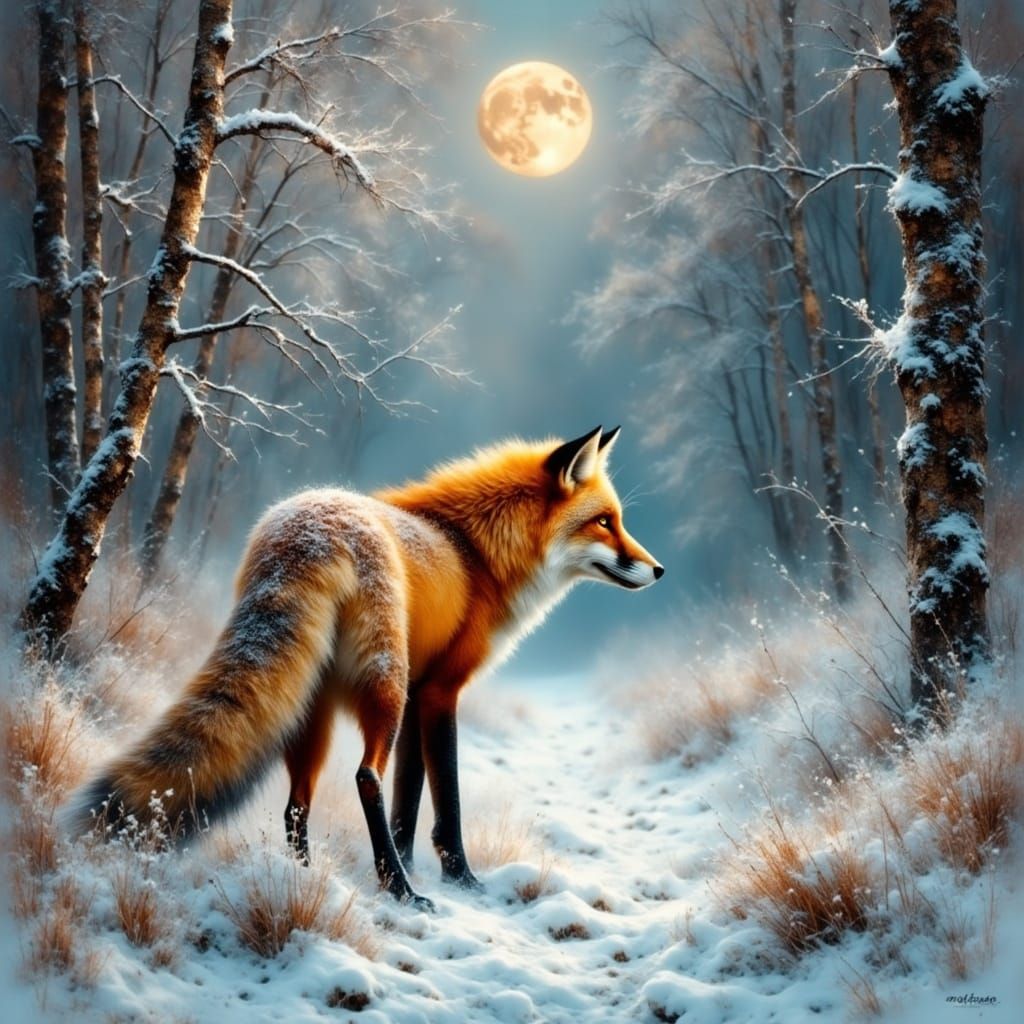 Ethereal Fox in Frosty Woodland Scene