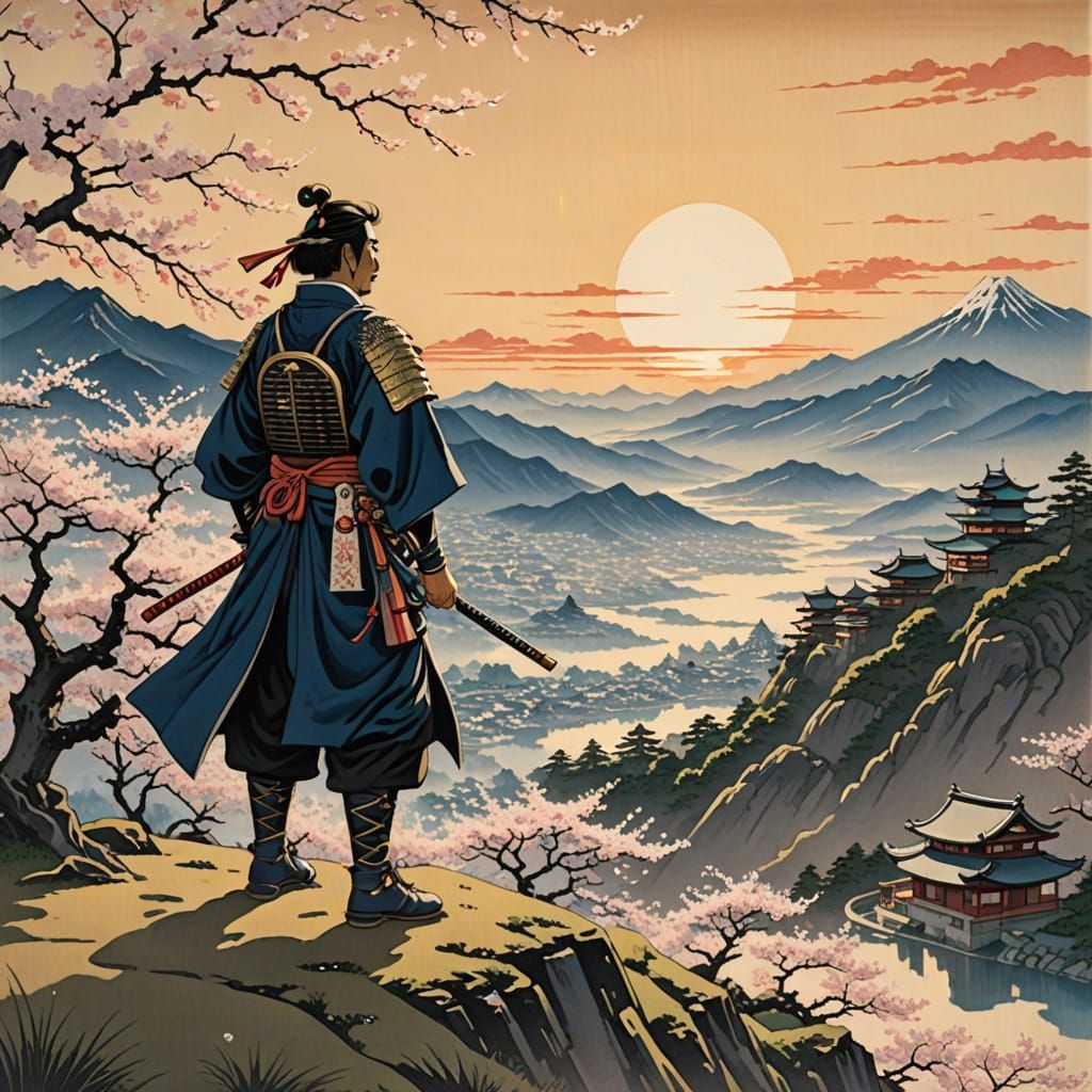 Samurai on Windswept Mountain in Ukiyo-e Style