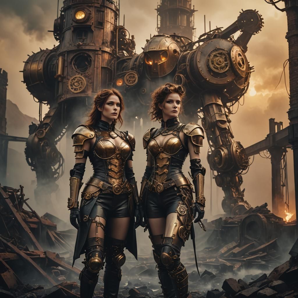 Steampunk Robotic Valkyries in Fog-Shrouded Ruins