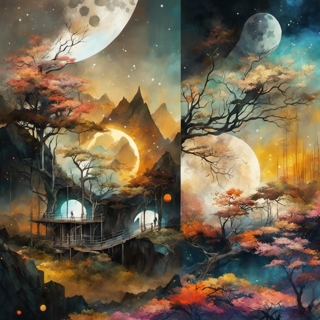 Sun and Moon Landscape in Watercolor Style