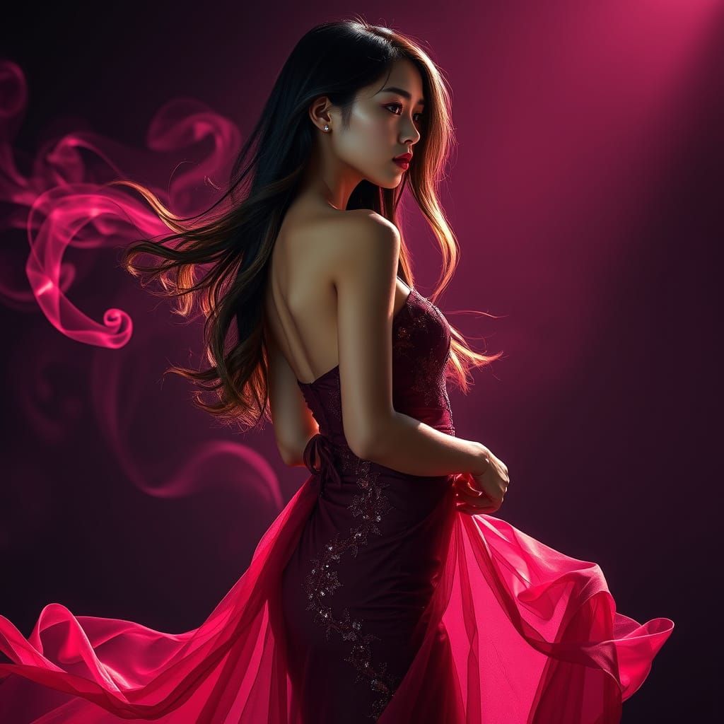 Ethereal Korean Woman in Crimson Gown