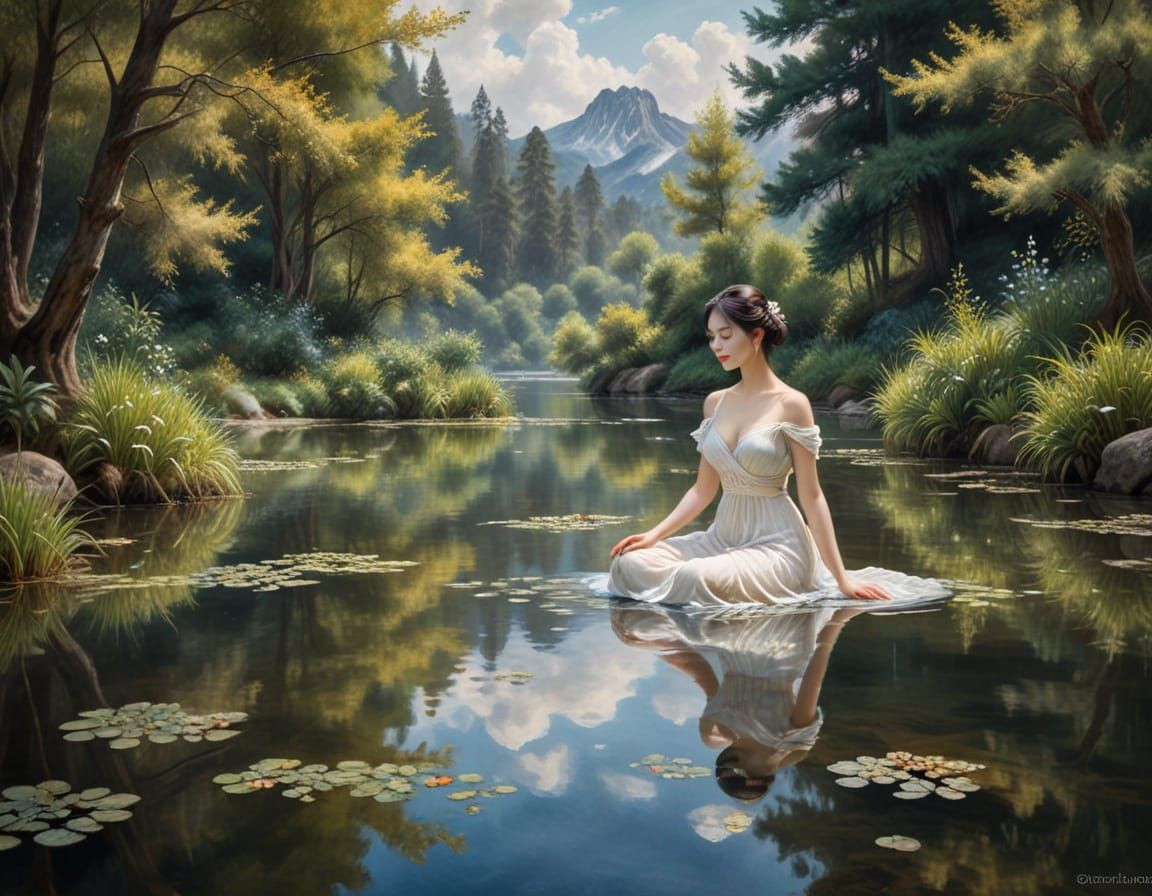 Meditating Figure in Dreamy Tea Lake: Noir Renoir Style