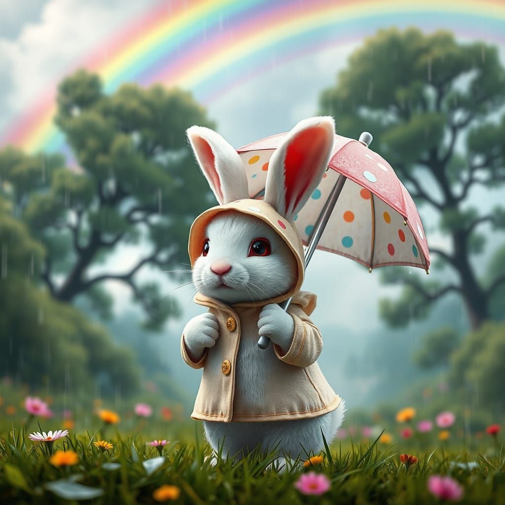 Whimsical Baby Bunny in Rainy Day Wonderland