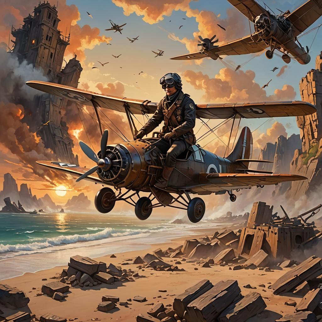 Felinoid Pilot Soaring Above Cratered Beach