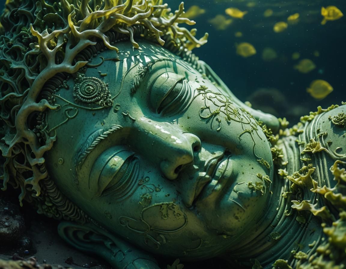 Underwater Green Buddha Statue in Macro Photography