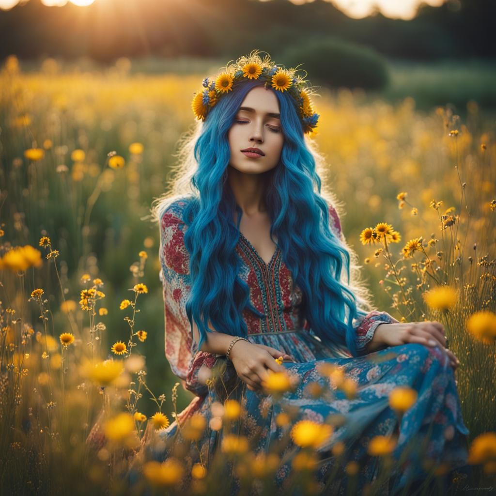 Girl with Blue Hair in Wildflower Field