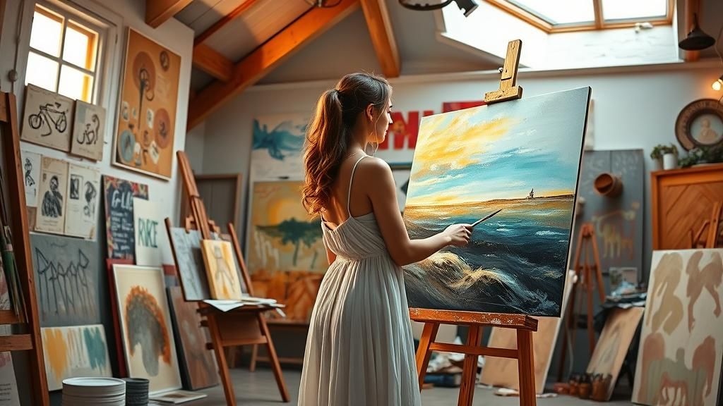 Woman Painting in Sunlit Studio, Artistic Inspiration